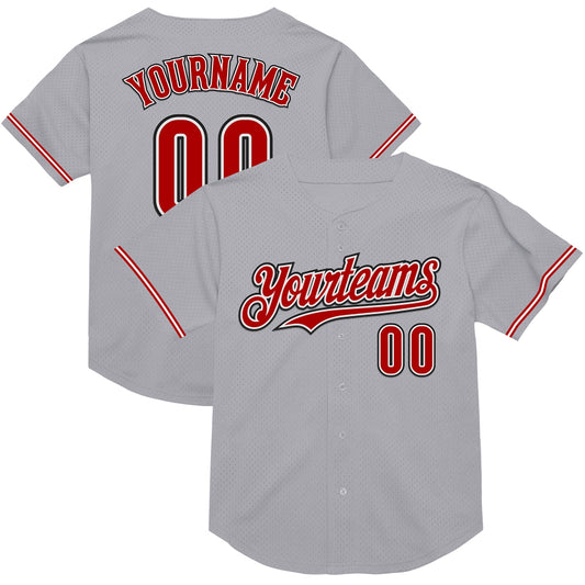 Custom Gray Red-Black Mesh Authentic Throwback Baseball Jersey - Main View