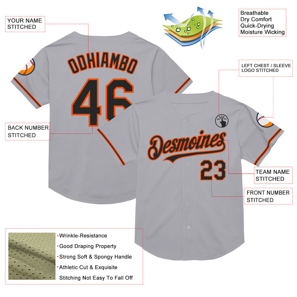 Custom Gray Black-Orange Mesh Authentic Throwback Baseball Jersey view 3