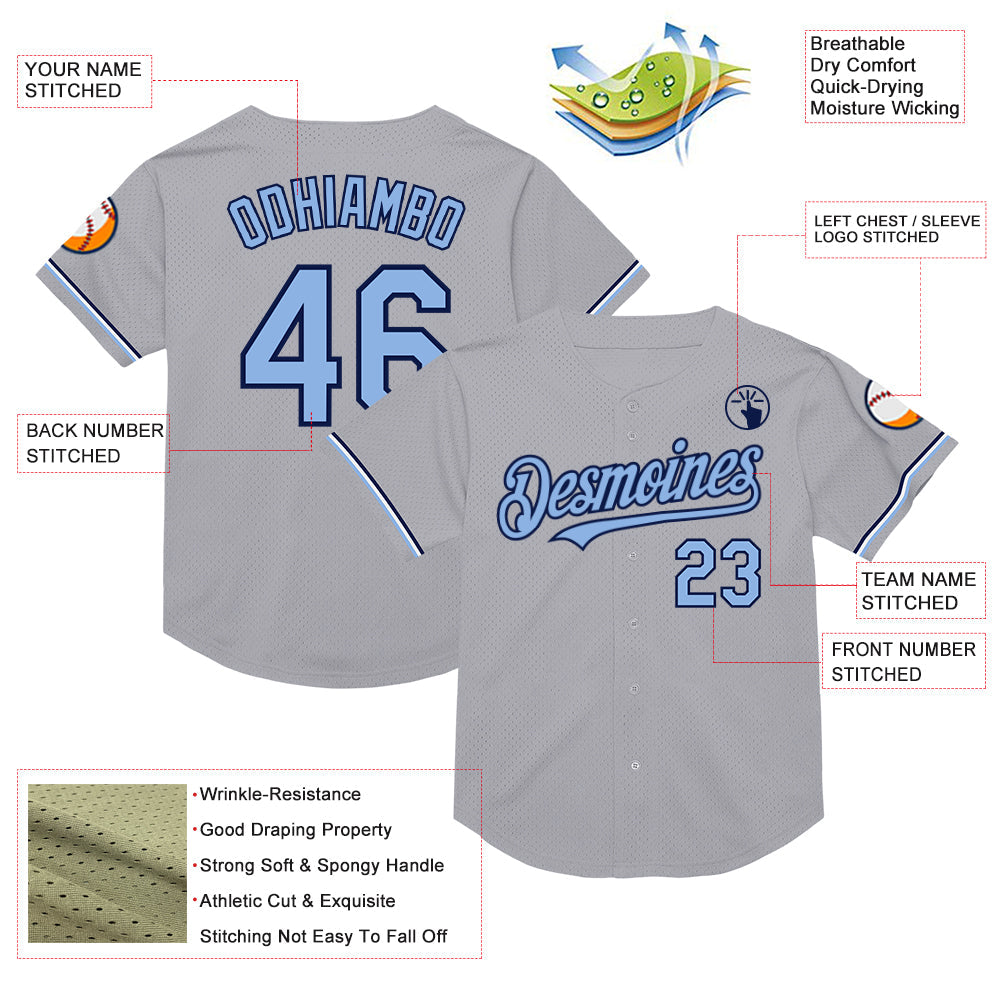 Custom Gray Light Blue-Navy Mesh Authentic Throwback Baseball Jersey view 3