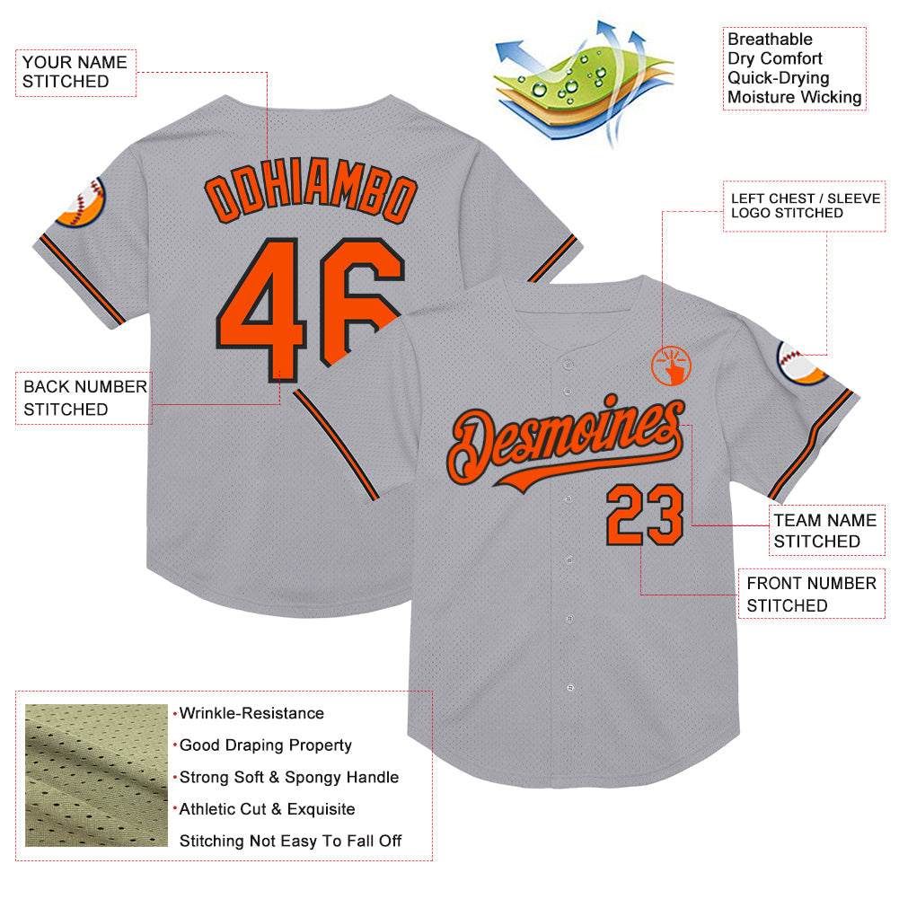 Custom Gray Orange-Black Mesh Authentic Throwback Baseball Jersey view 3