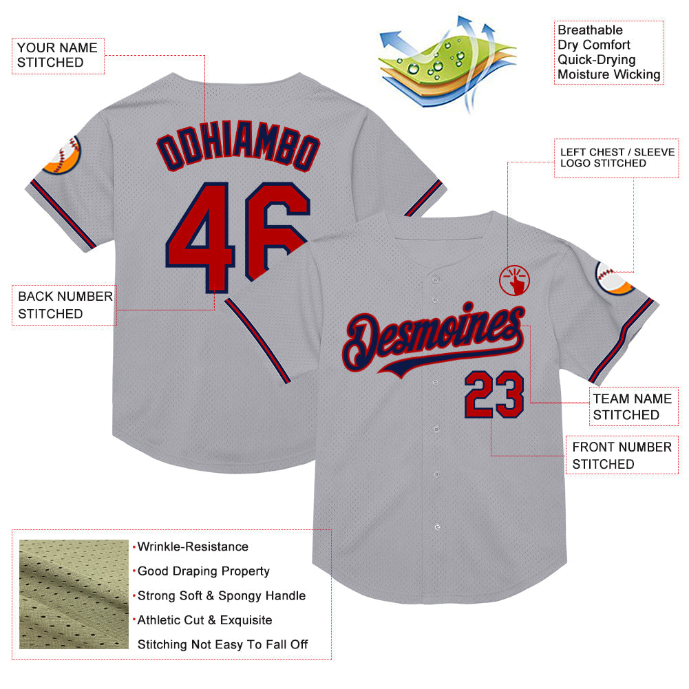 Custom Gray Red-Navy Mesh Authentic Throwback Baseball Jersey view 3