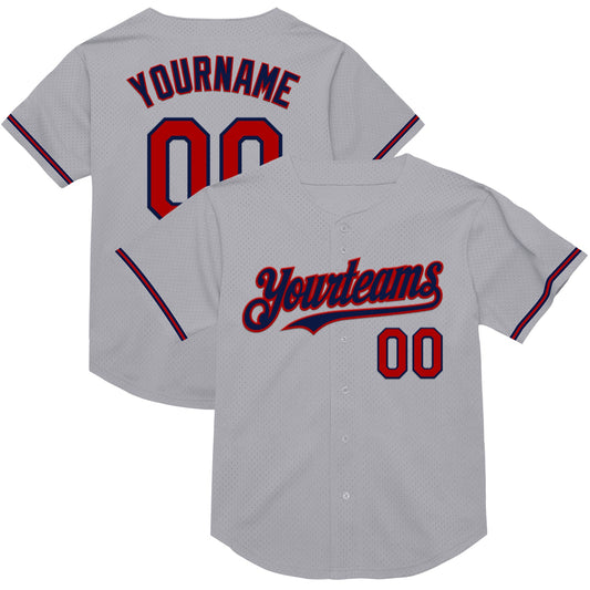 Custom Gray Red-Navy Mesh Authentic Throwback Baseball Jersey - Main View