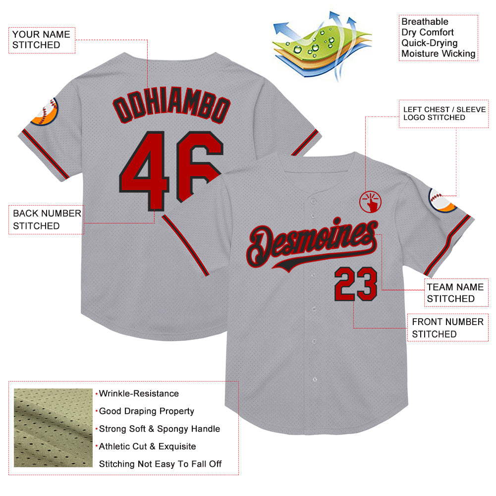 Custom Gray Red-Black Mesh Authentic Throwback Baseball Jersey view 3