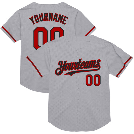 Custom Gray Red-Black Mesh Authentic Throwback Baseball Jersey - Main View