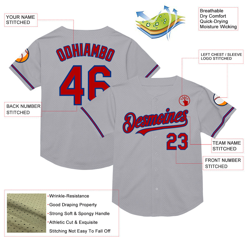 Custom Gray Red-Royal Mesh Authentic Throwback Baseball Jersey view 3