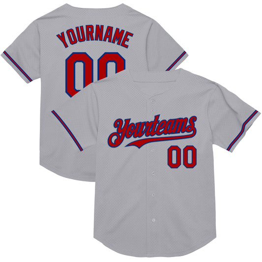Custom Gray Red-Royal Mesh Authentic Throwback Baseball Jersey - Main View
