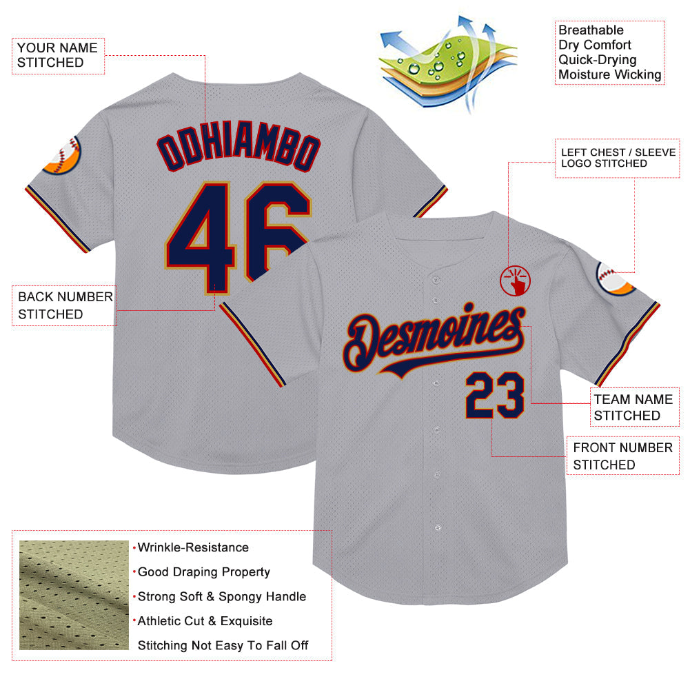 Custom Gray Navy Red-Old Gold Mesh Authentic Throwback Baseball Jersey view 3