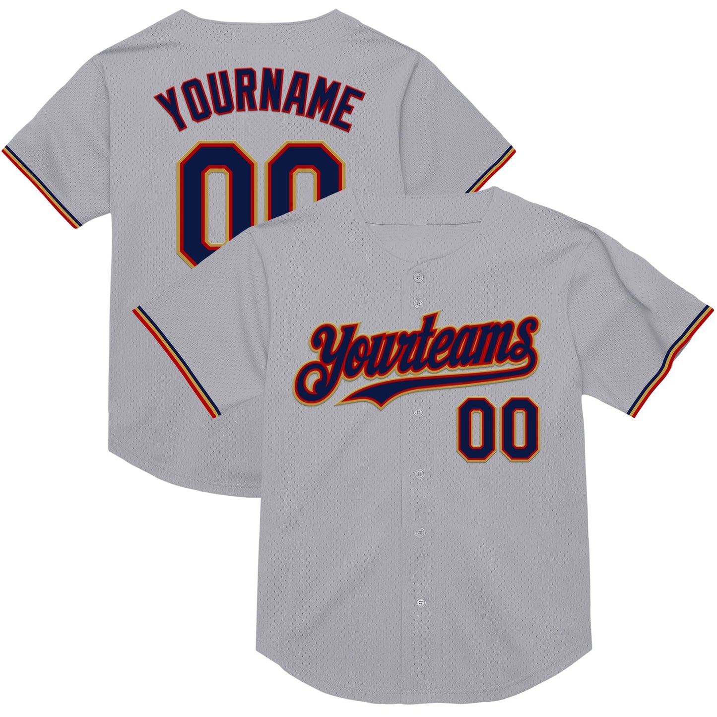 Custom Gray Navy Red-Old Gold Mesh Authentic Throwback Baseball Jersey - Main View