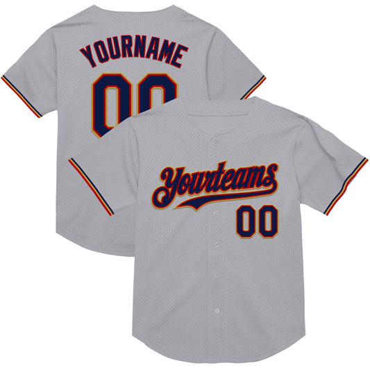 Custom Gray Navy Red-Old Gold Mesh Authentic Throwback Baseball Jersey - Main View