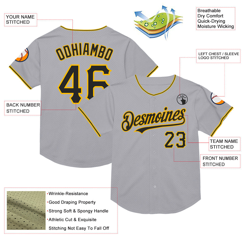Custom Gray Black-Gold Mesh Authentic Throwback Baseball Jersey view 3