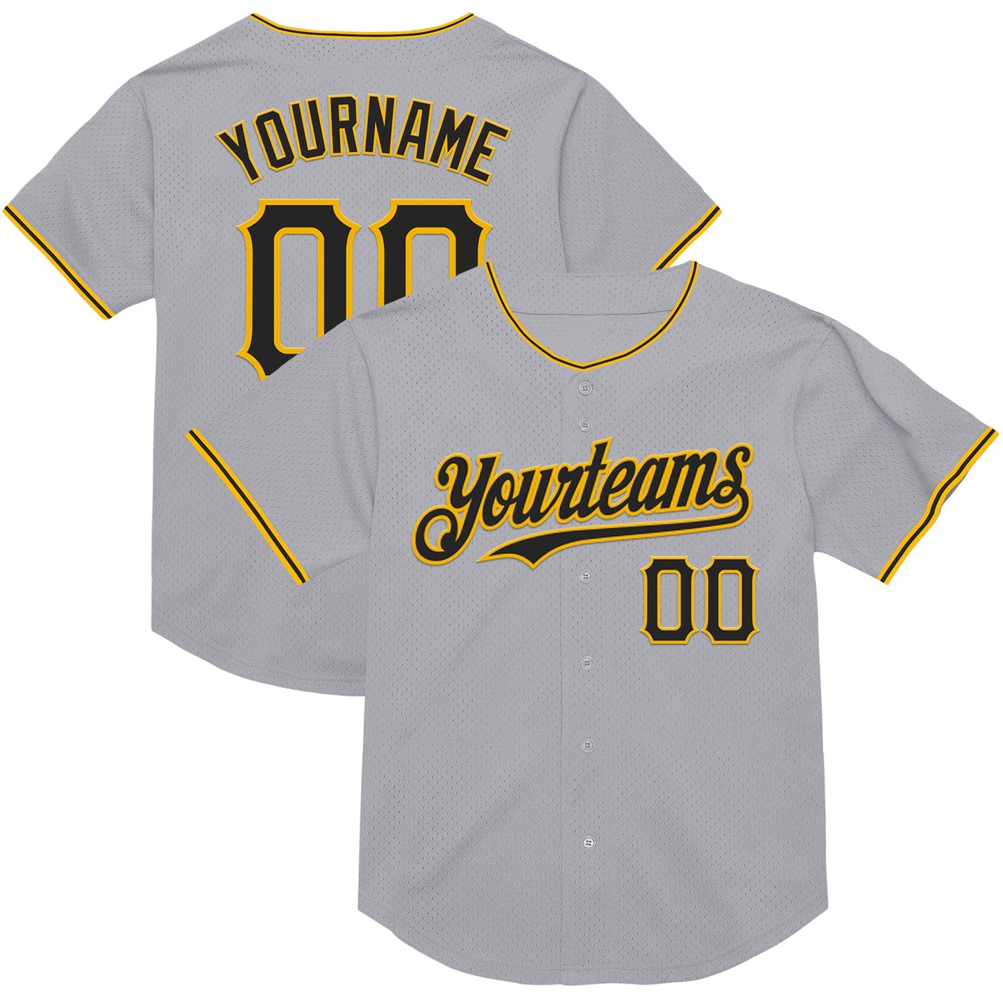 Custom Gray Black-Gold Mesh Authentic Throwback Baseball Jersey - Main View
