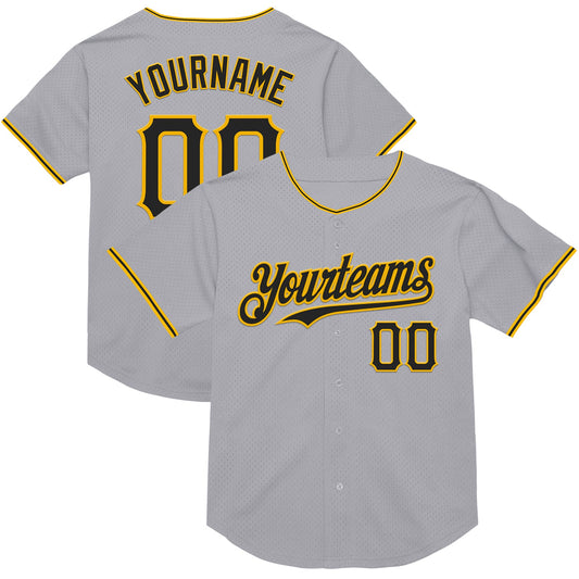 Custom Gray Black-Gold Mesh Authentic Throwback Baseball Jersey - Main View