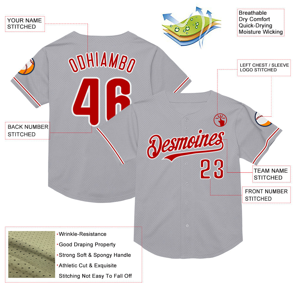 Custom Gray Red-White Mesh Authentic Throwback Baseball Jersey view 3