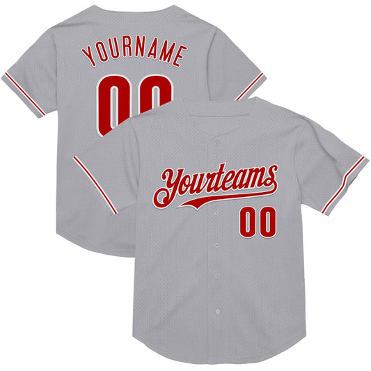 Custom Gray Red-White Mesh Authentic Throwback Baseball Jersey - Main View