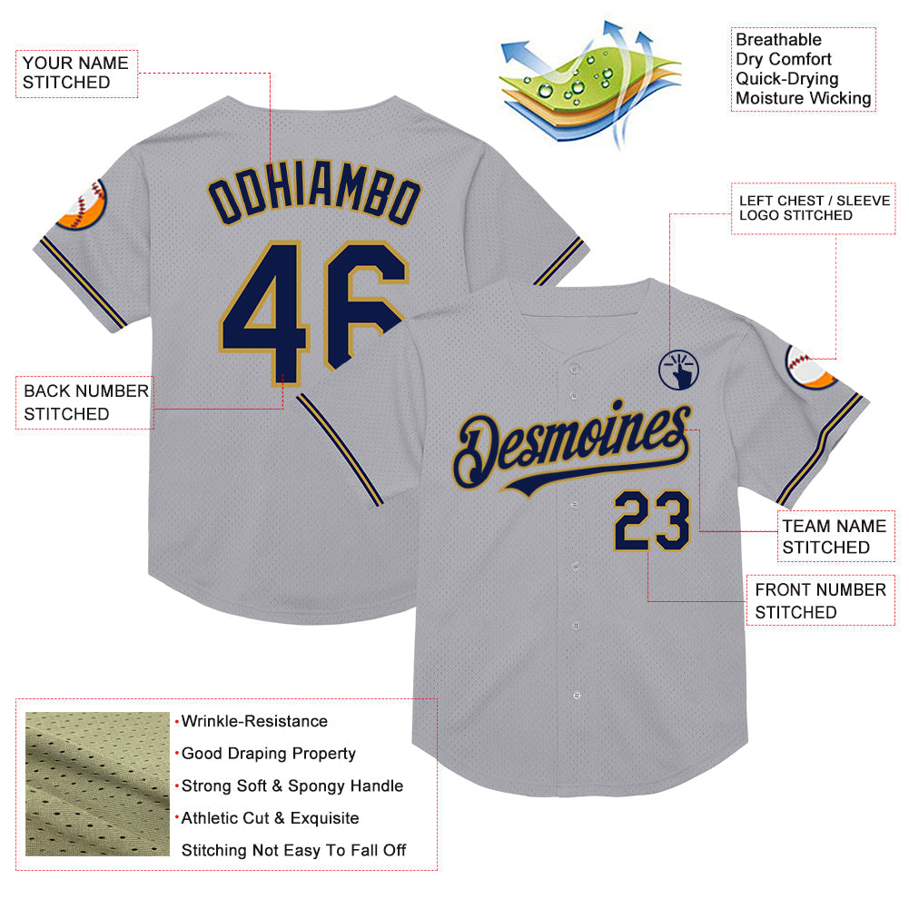 Custom Gray Navy-Old Gold Mesh Authentic Throwback Baseball Jersey view 3