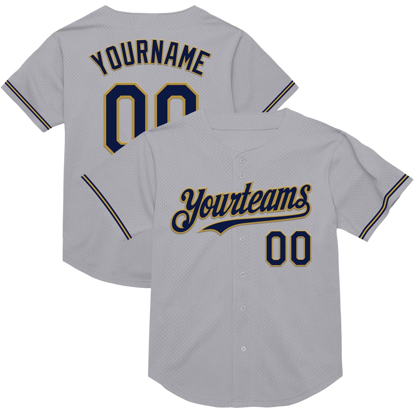 Custom Gray Navy-Old Gold Mesh Authentic Throwback Baseball Jersey - Main View