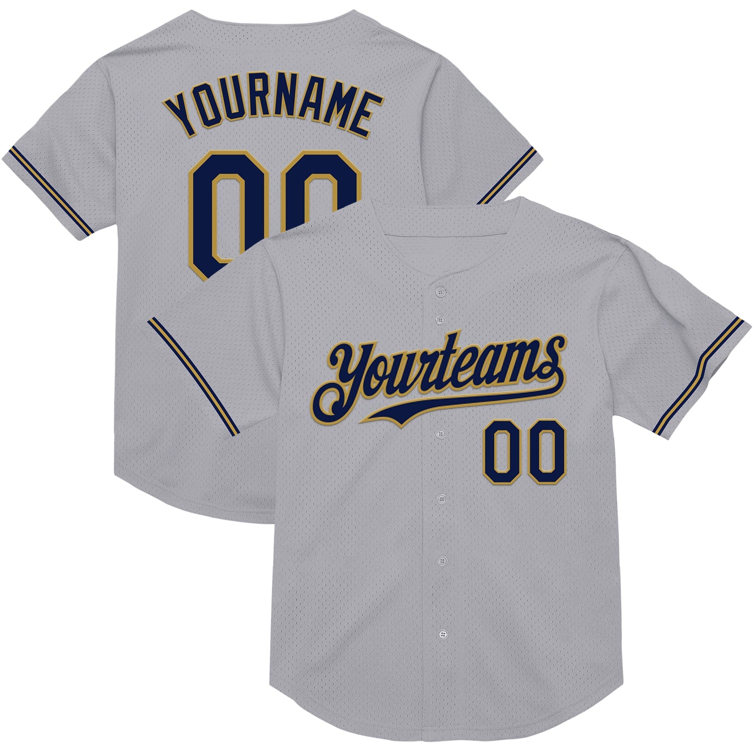 Custom Gray Navy-Old Gold Mesh Authentic Throwback Baseball Jersey - Main View
