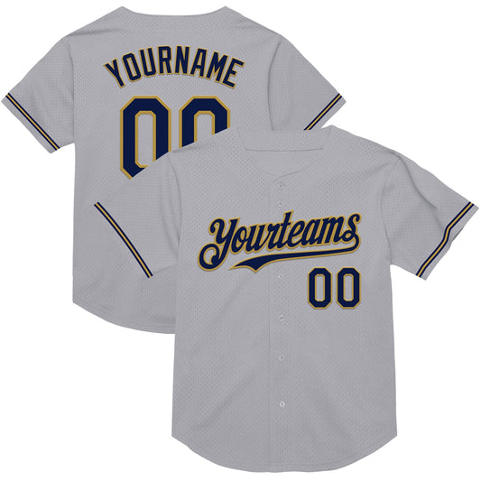 Custom Gray Navy-Old Gold Mesh Authentic Throwback Baseball Jersey - Main View