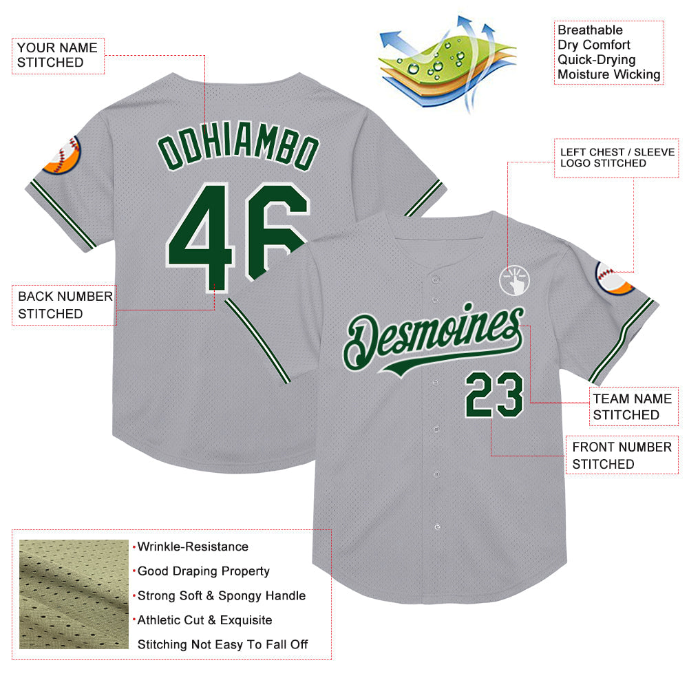 Custom Gray Green-White Mesh Authentic Throwback Baseball Jersey view 3