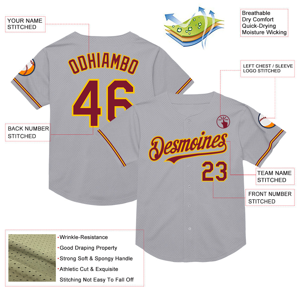 Custom Gray Crimson-Yellow Mesh Authentic Throwback Baseball Jersey view 3
