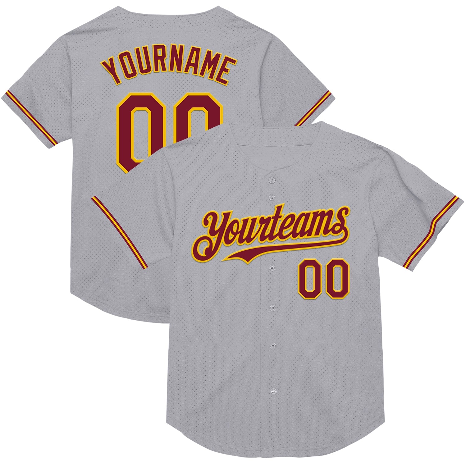 Custom Gray Crimson-Yellow Mesh Authentic Throwback Baseball Jersey - Main View
