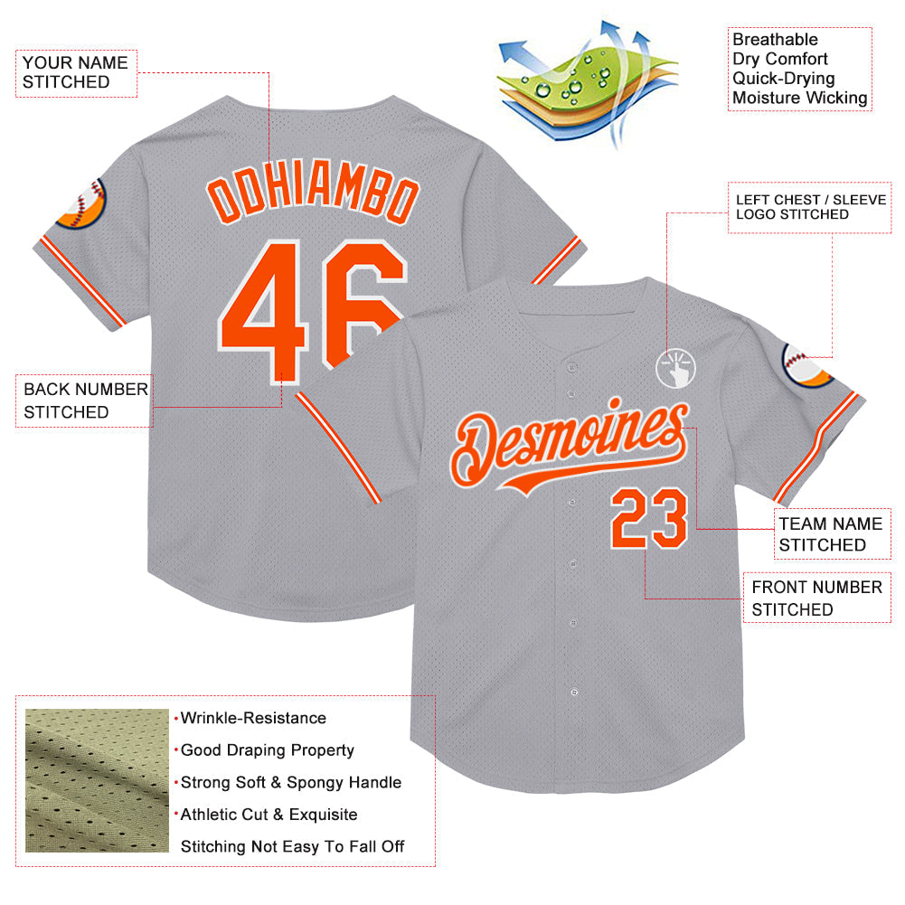 Custom Gray Orange-White Mesh Authentic Throwback Baseball Jersey view 3