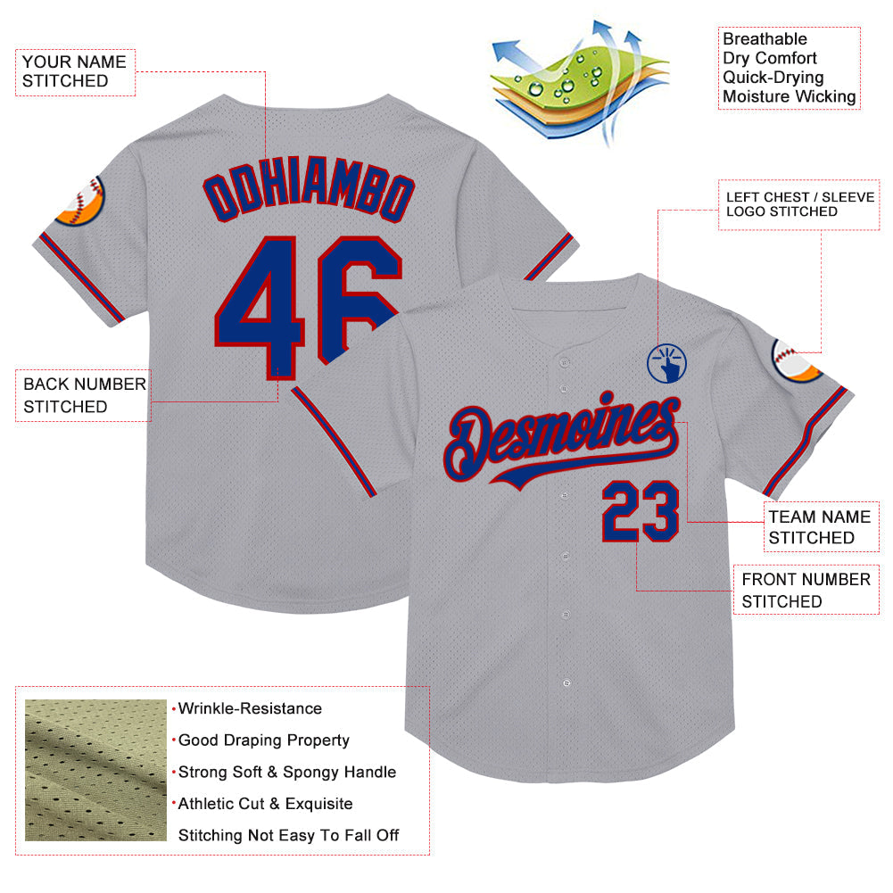 Custom Gray Royal-Red Mesh Authentic Throwback Baseball Jersey view 3