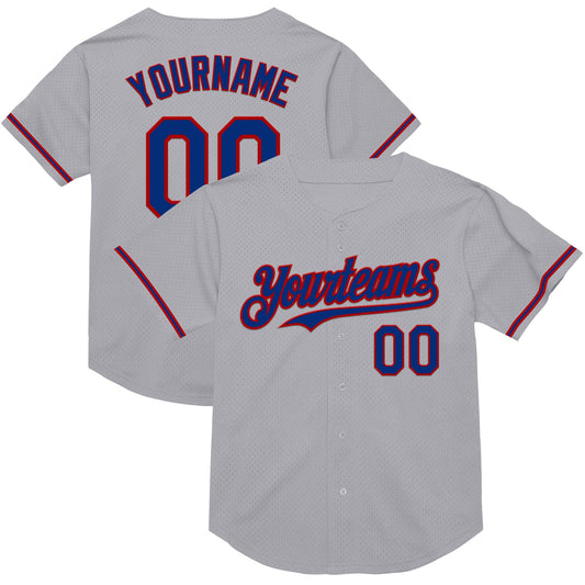 Custom Gray Royal-Red Mesh Authentic Throwback Baseball Jersey - Main View