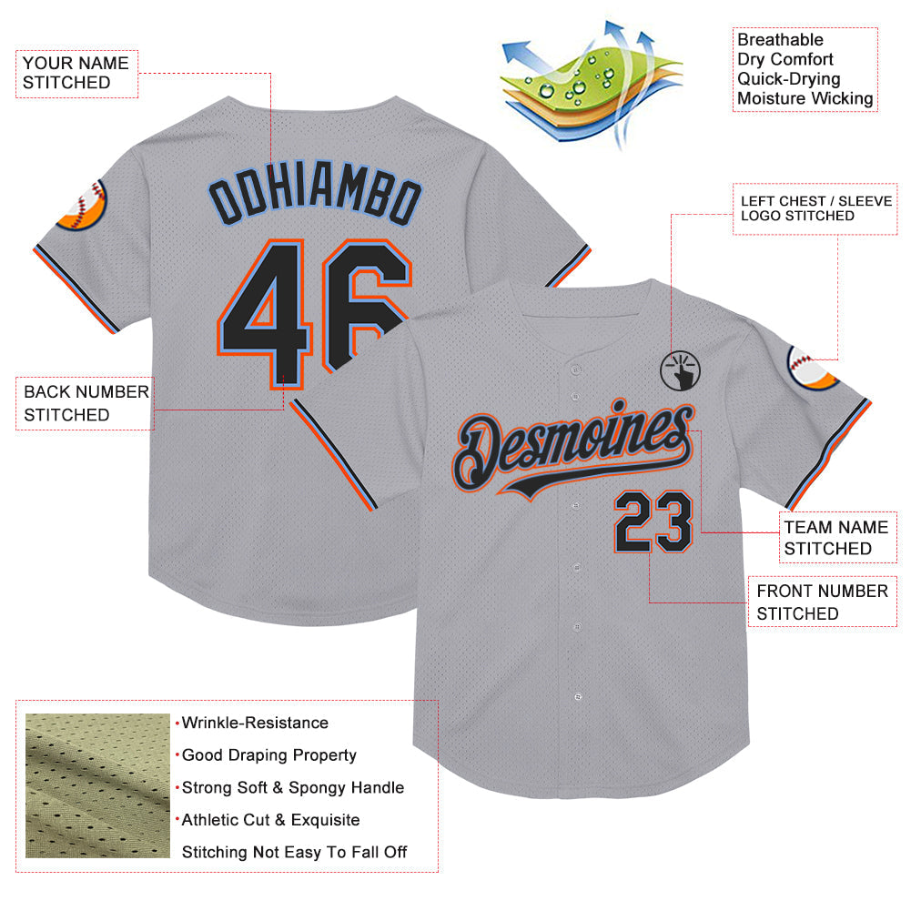 Custom Gray Black Powder Blue-Orange Mesh Authentic Throwback Baseball Jersey view 3