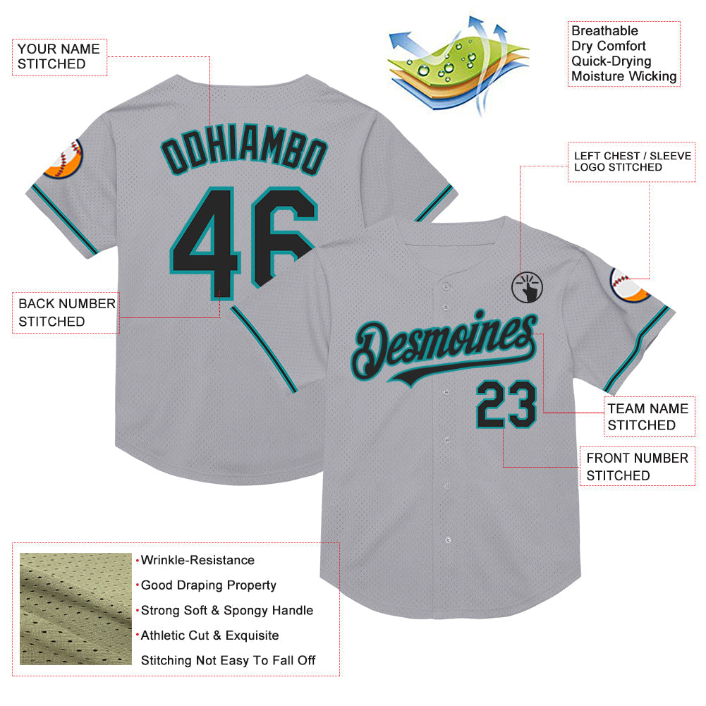 Custom Gray Black-Teal Mesh Authentic Throwback Baseball Jersey view 3