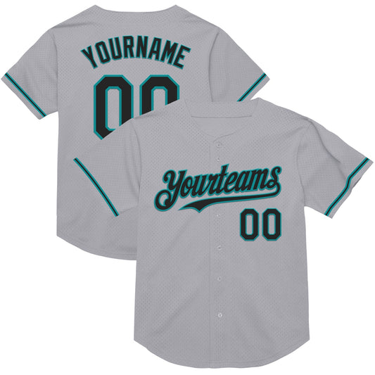 Custom Gray Black-Teal Mesh Authentic Throwback Baseball Jersey - Main View