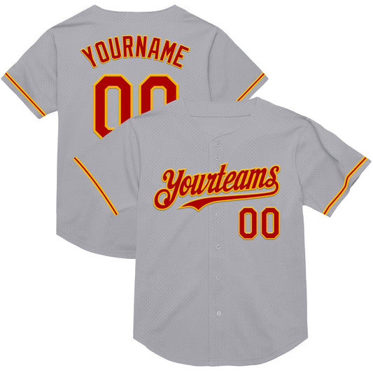 Custom Gray Red-Gold Mesh Authentic Throwback Baseball Jersey - Main View