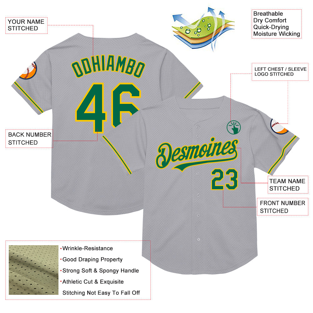 Custom Gray Kelly Green-Yellow Mesh Authentic Throwback Baseball Jersey view 3