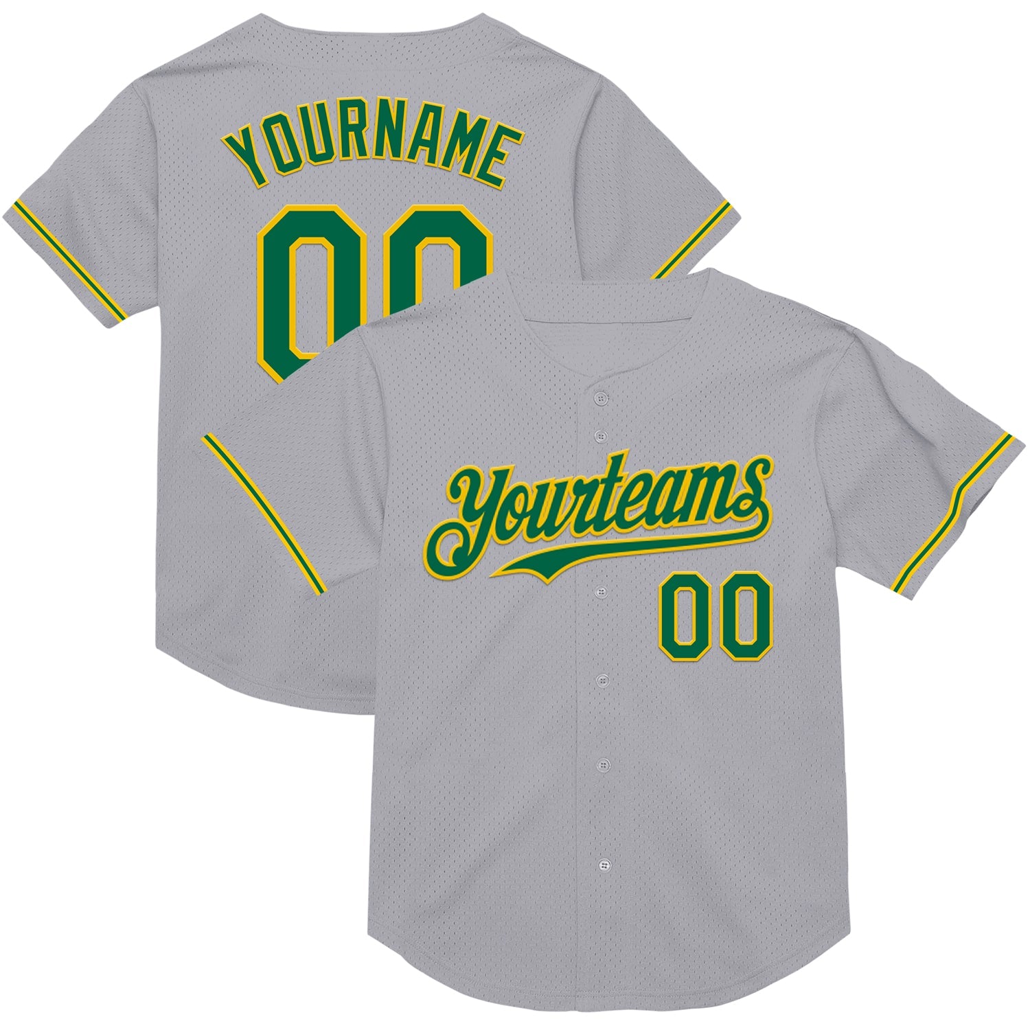 Custom Gray Kelly Green-Yellow Mesh Authentic Throwback Baseball Jersey - Main View