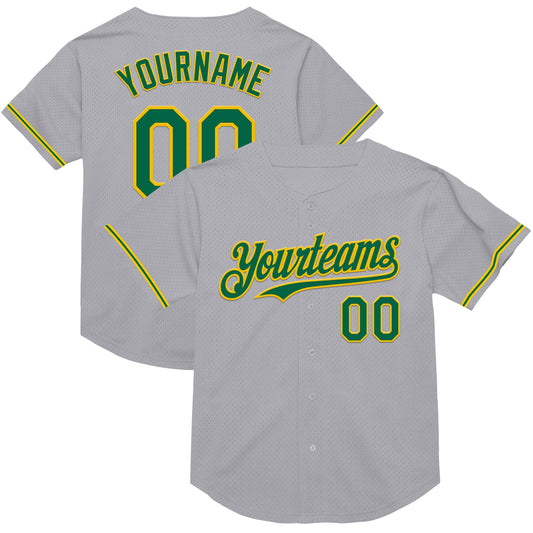 Custom Gray Kelly Green-Yellow Mesh Authentic Throwback Baseball Jersey - Main View