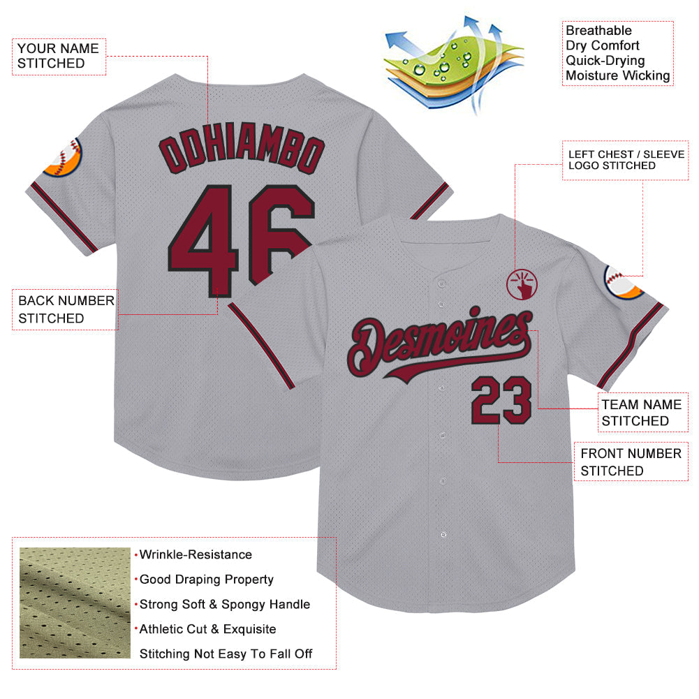 Custom Gray Crimson-Black Mesh Authentic Throwback Baseball Jersey view 3
