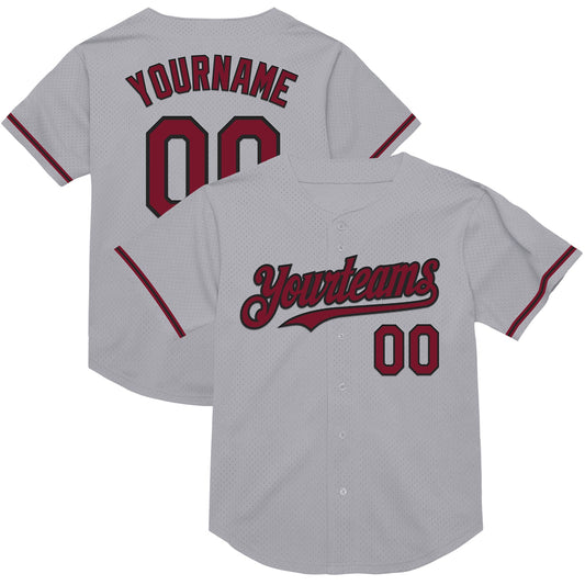 Custom Gray Crimson-Black Mesh Authentic Throwback Baseball Jersey - Main View