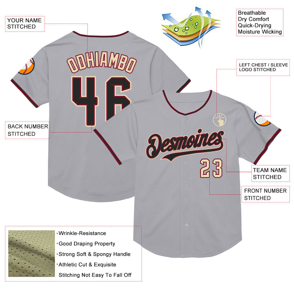 Custom Gray Black Crimson-Cream Mesh Authentic Throwback Baseball Jersey view 3