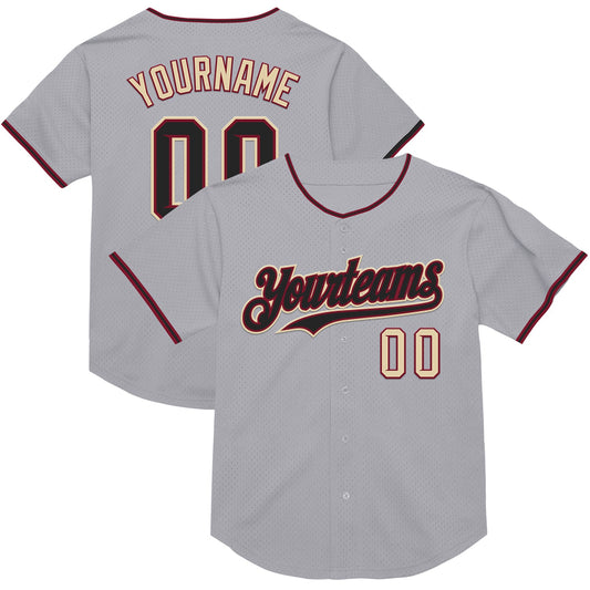 Custom Gray Black Crimson-Cream Mesh Authentic Throwback Baseball Jersey - Main View