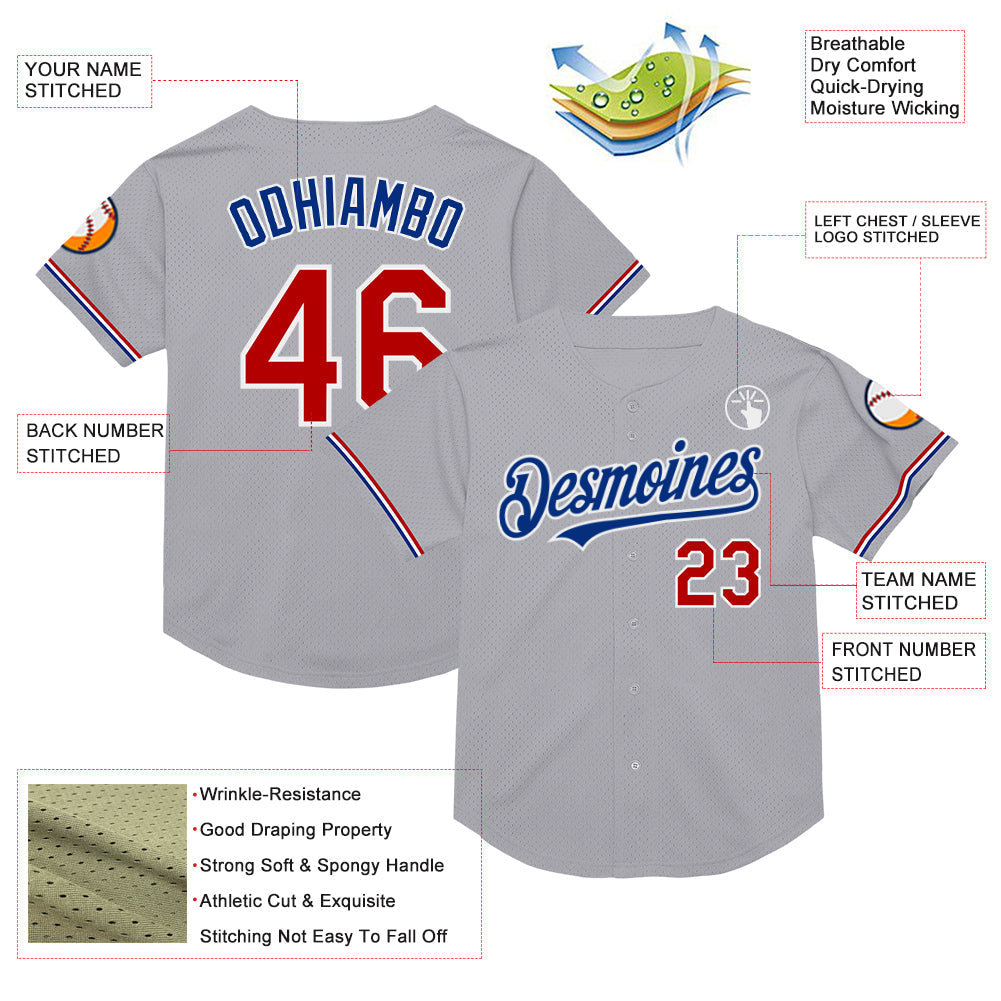 Custom Gray Red-Royal Mesh Authentic Throwback Baseball Jersey view 3