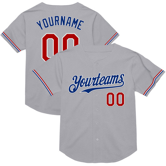 Custom Gray Red-Royal Mesh Authentic Throwback Baseball Jersey - Main View