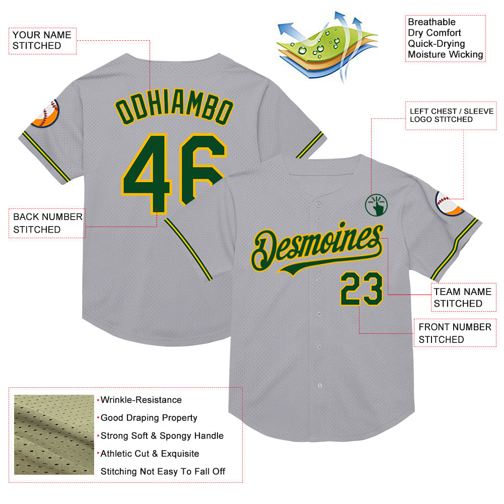 Custom Gray Green-Gold Mesh Authentic Throwback Baseball Jersey view 3