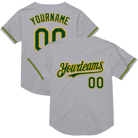 Custom Gray Green-Gold Mesh Authentic Throwback Baseball Jersey - Main View