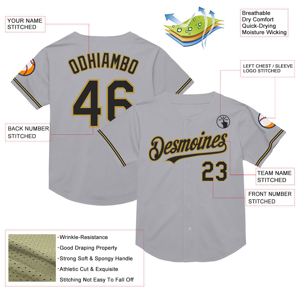 Custom Gray Black-Old Gold Mesh Authentic Throwback Baseball Jersey view 3