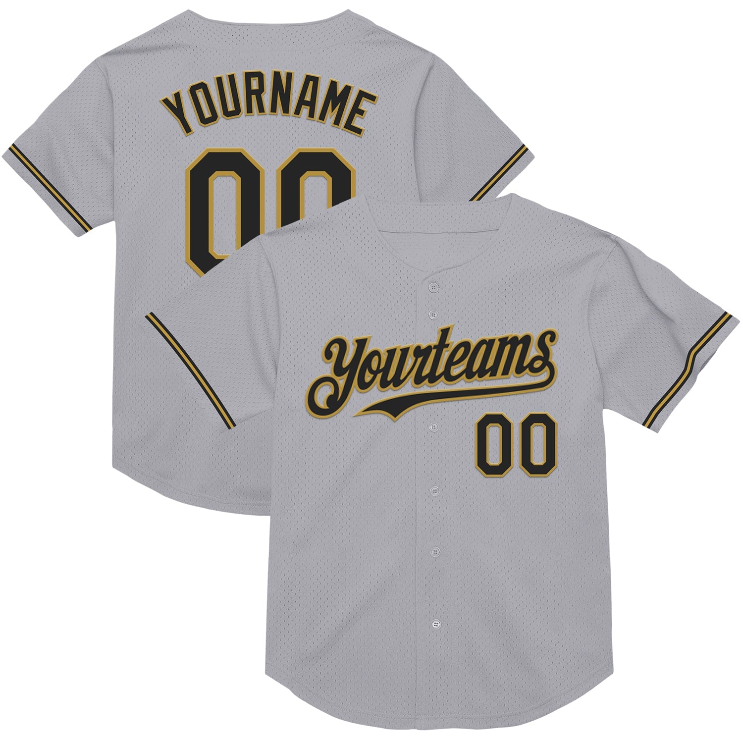 Custom Gray Black-Old Gold Mesh Authentic Throwback Baseball Jersey - Main View