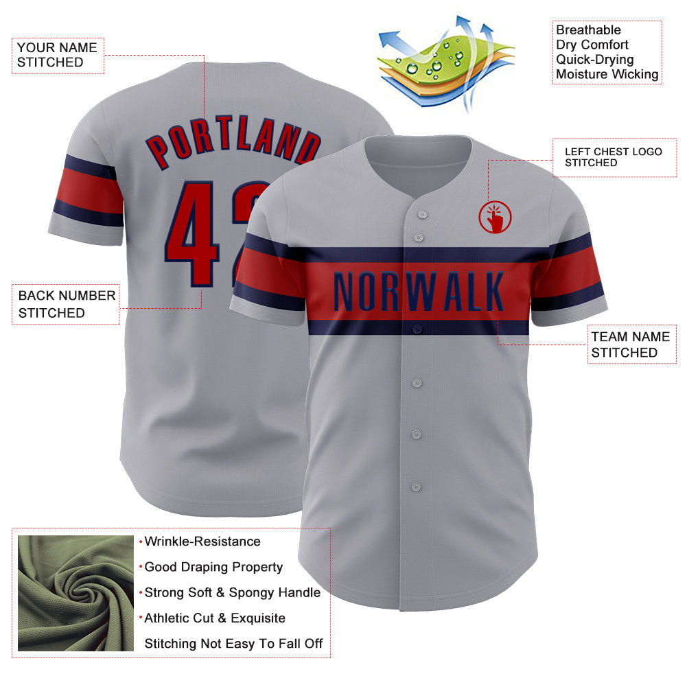 Custom Gray Red-Navy Authentic Baseball Jersey view 3