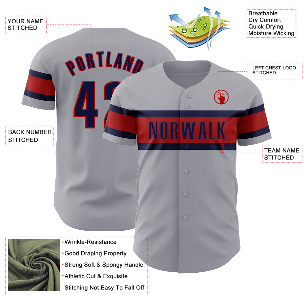 Custom Gray Navy-Red Authentic Baseball Jersey view 3