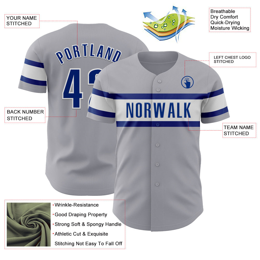 Custom Gray Royal-White Authentic Baseball Jersey view 3