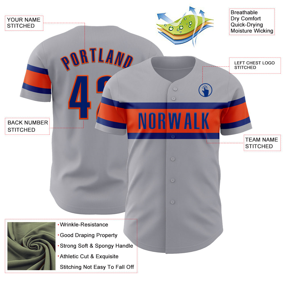 Custom Gray Royal-Orange Authentic Baseball Jersey view 3