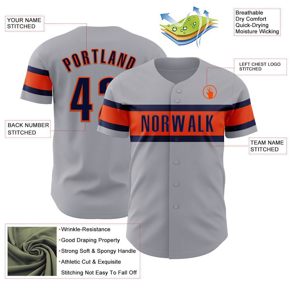 Custom Gray Navy-Orange Authentic Baseball Jersey view 3